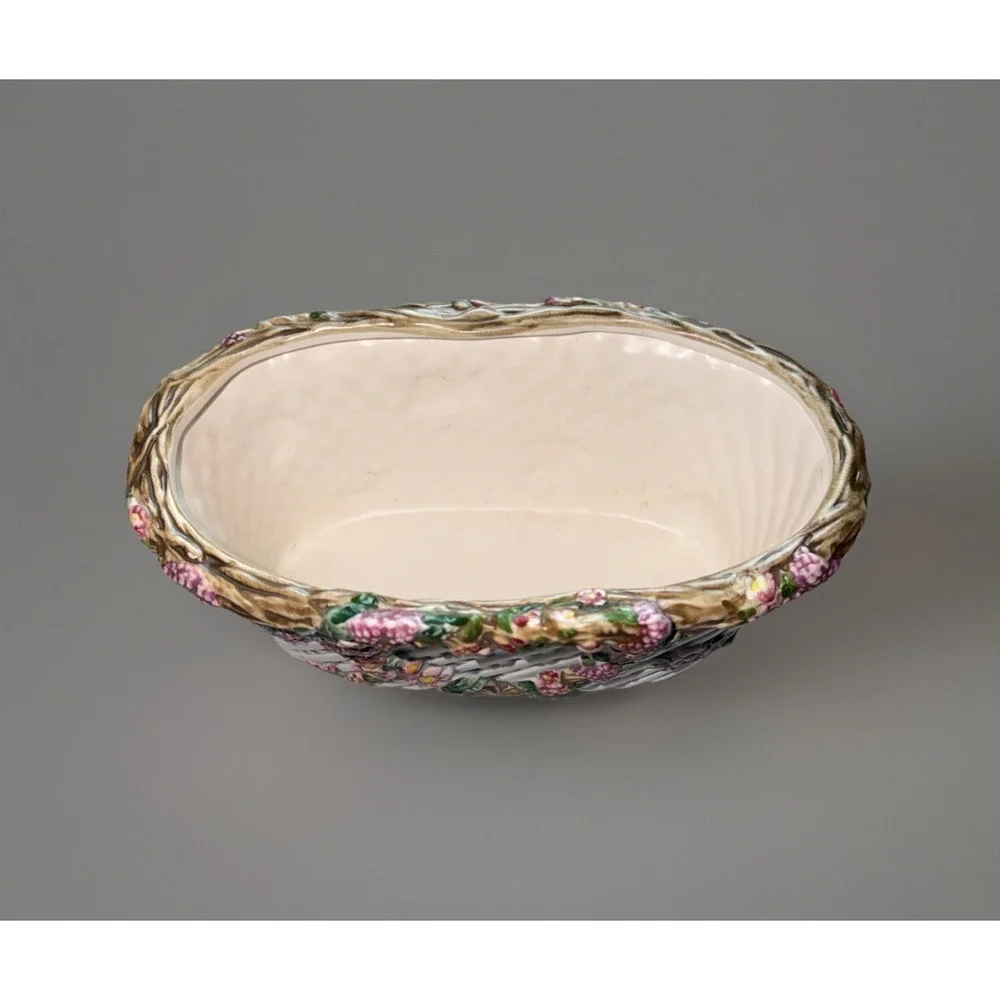 Vintage LBK Basket Weave Ceramic Planter‎ Heart Flowers Fruit